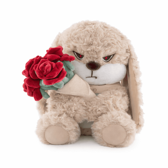 Rexy Bunny Angry Plush Toy with Rose Bouquet Soft Stuffed Animal Gift Decor 12in