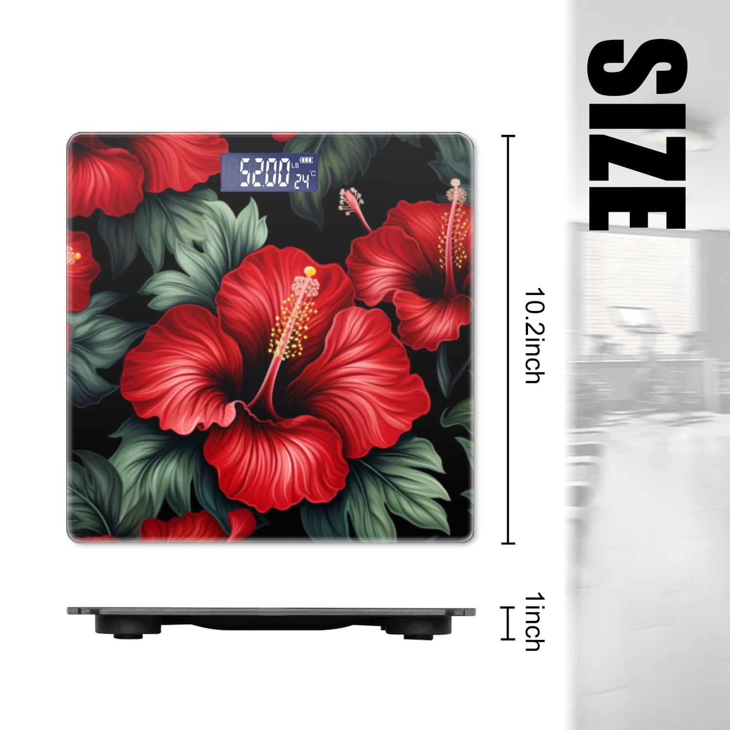 High Precision Body Weight Scale Smart Bathroom Scales with Large LCD Display(400lbs),Decorative for Bedroom-Seamless Pattern Of Red Hibiscus Flowers With Green Leaves,