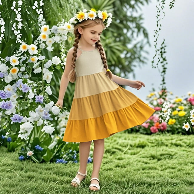 Pisexur Robes Fille Robes Mignonnes pour Filles Robe d'Été Bohème Sans Manches à Bretelles Smockée à Volants Jaune, 11 Ans