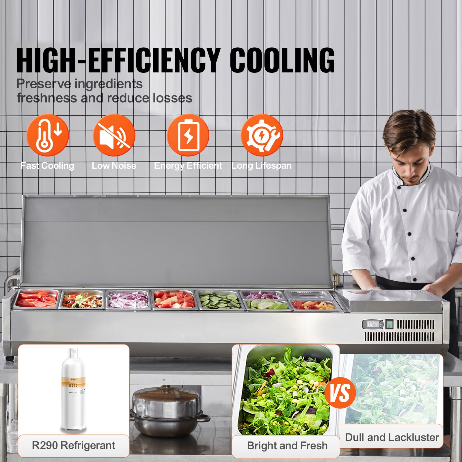 KFFKFF Countertop Refrigerated Salad Pizza Prep Station 160 W Stainless Guard ETL