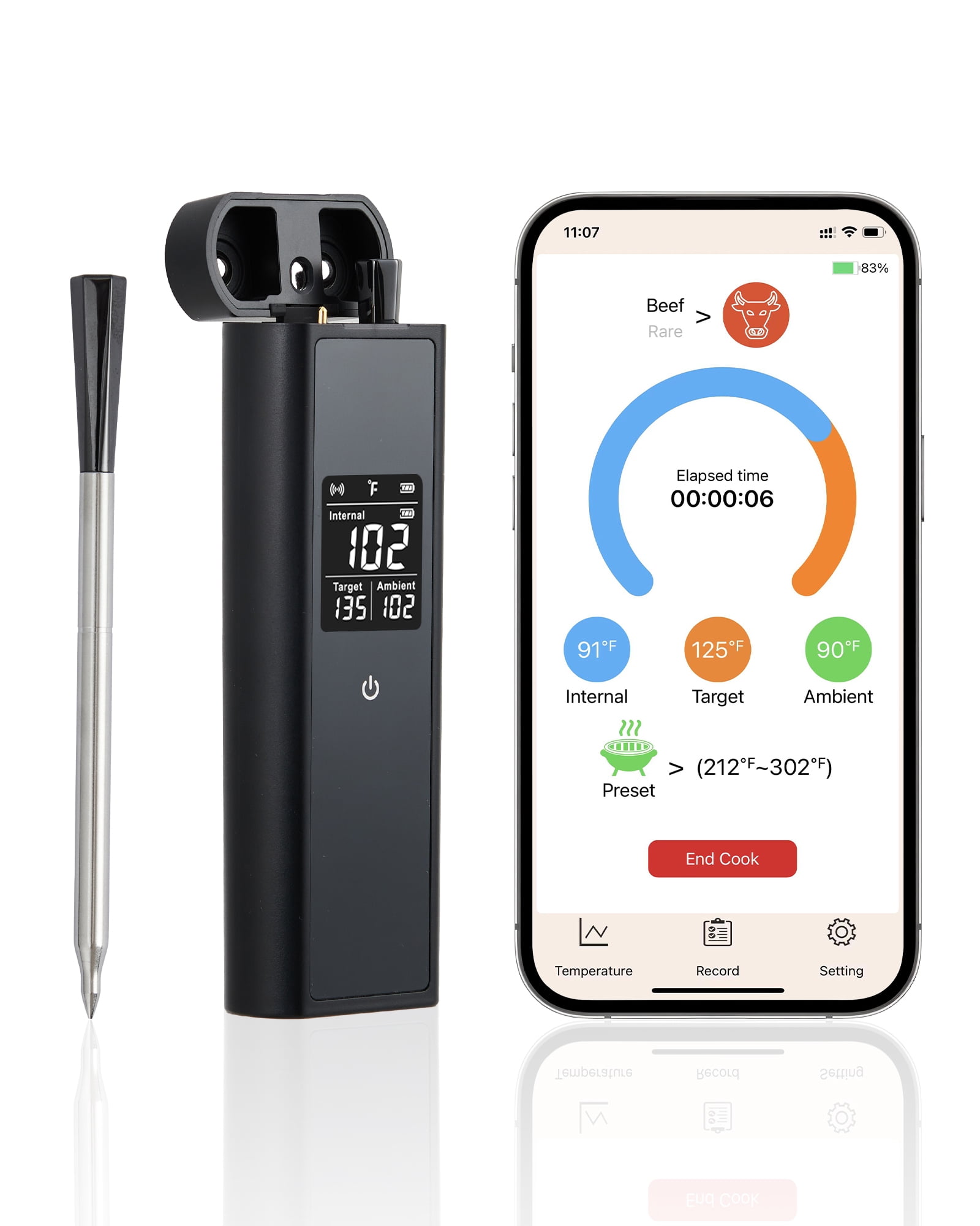Wireless Wireless Meat Thermometer with Single Probe – 820ft Range, Digital Display, IP67 Waterproof, Dual Sensors, App Control, 48H Battery – Grill & Smoker Temp Gauge