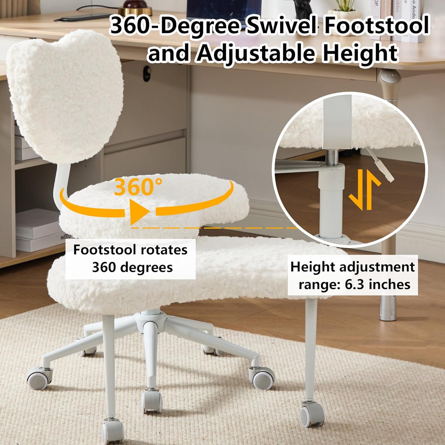 Villeston Cross Legged Office Chair, White Boucle Ergonomic Criss Cross Swivel Desk Chair, Heavy Duty 385 lbs Wide Seat for Meditation& ADHD, Armless