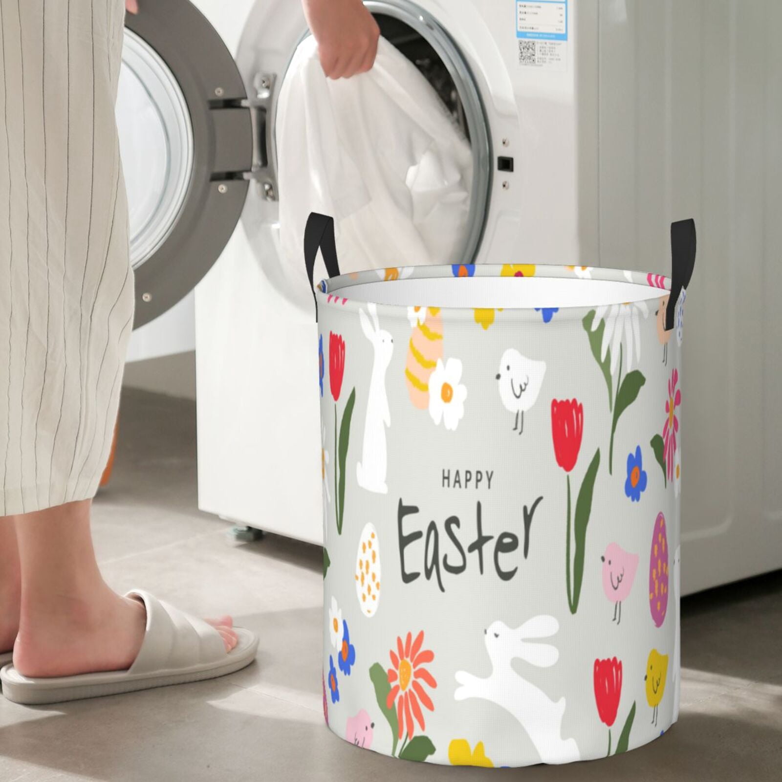 Gukieu Happy Easter Print Round Dirty Clothes Bag, Waterproof Standing Home Bathroom Storage Basket Car Trunk Storage Bag-Small