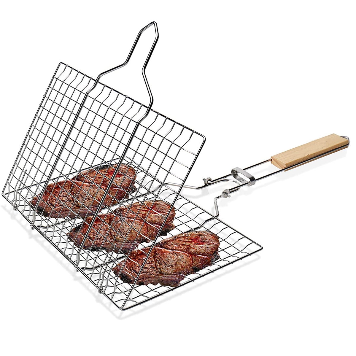 Portable BBQ Grilling Basket Stainless Steel Removable Wooden Grid Gap Heat Grip 