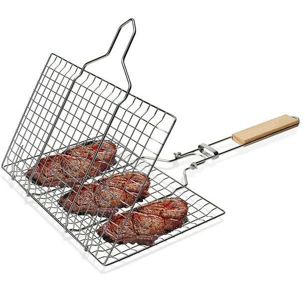 Visland Barbecue Grill Basket with Wood Handle Stainless Steel Wire Net ...