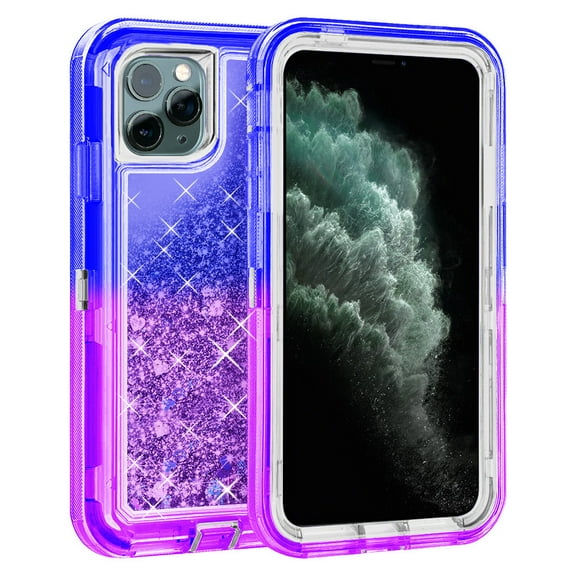For Apple iPhone 12 Pro Max 6.7 inch Tough Defender Sparkling Liquid Glitter Heart Case Cover Blue/Purple
