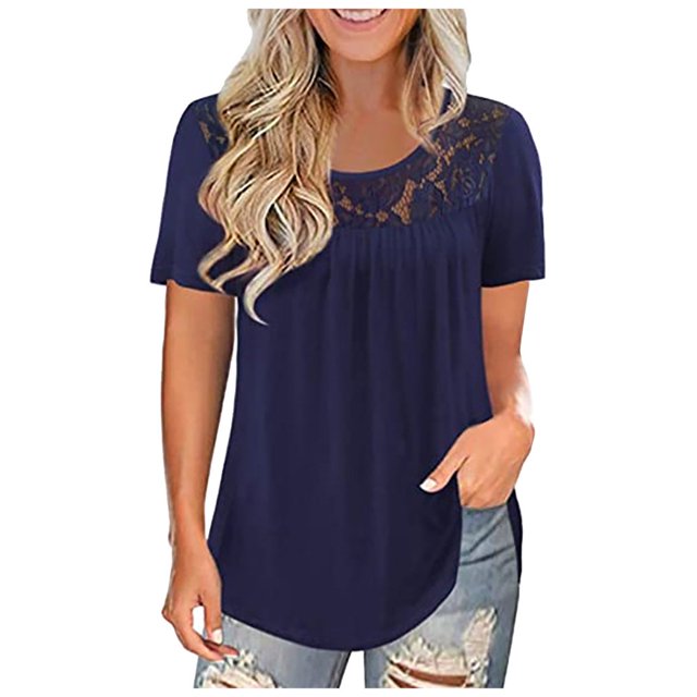 T-shirts à Manches Courtes pour les Femmes de Mode Dentelle Solide Épissage Col Rond T-Shirt Chemisier Tops