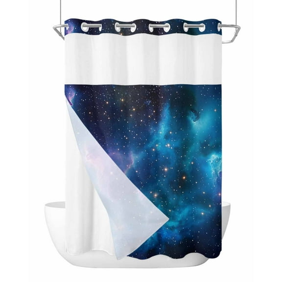 No Hook Shower Curtain with Snap-in Liner, Starry Sky Waterproof Fabric Bathroom Curtains, Modern Rustic Blue Purple Ombre Star Night Bath Curtains & Mesh Top Window Stand Up Stall 72"x96" Extra Long