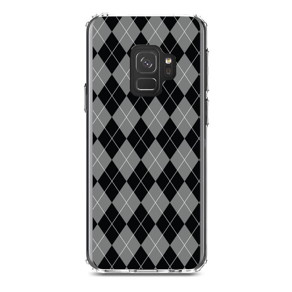 DistinctInk Clear Shockproof Hybrid Case for Samsung Galaxy S9 (5.8" Screen) - TPU Bumper, Acrylic Back, Tempered Glass Screen Protector - Black Grey White Argyle