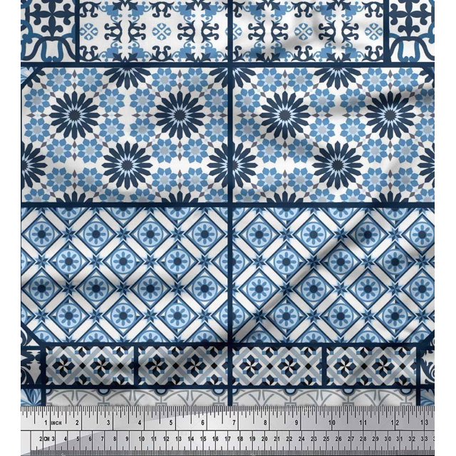Soimoi Polyester Georgette Fabric Geometric,Damask & Mandala Patchwork Decor Fabric Printed Yard 52 Inch Wide