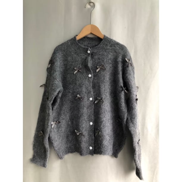 Suéter con lazo gris para mujer, cárdigan de punto de Mohair suave y alto con temperamento, abrigo fragante, Tops informales coreanos 2024