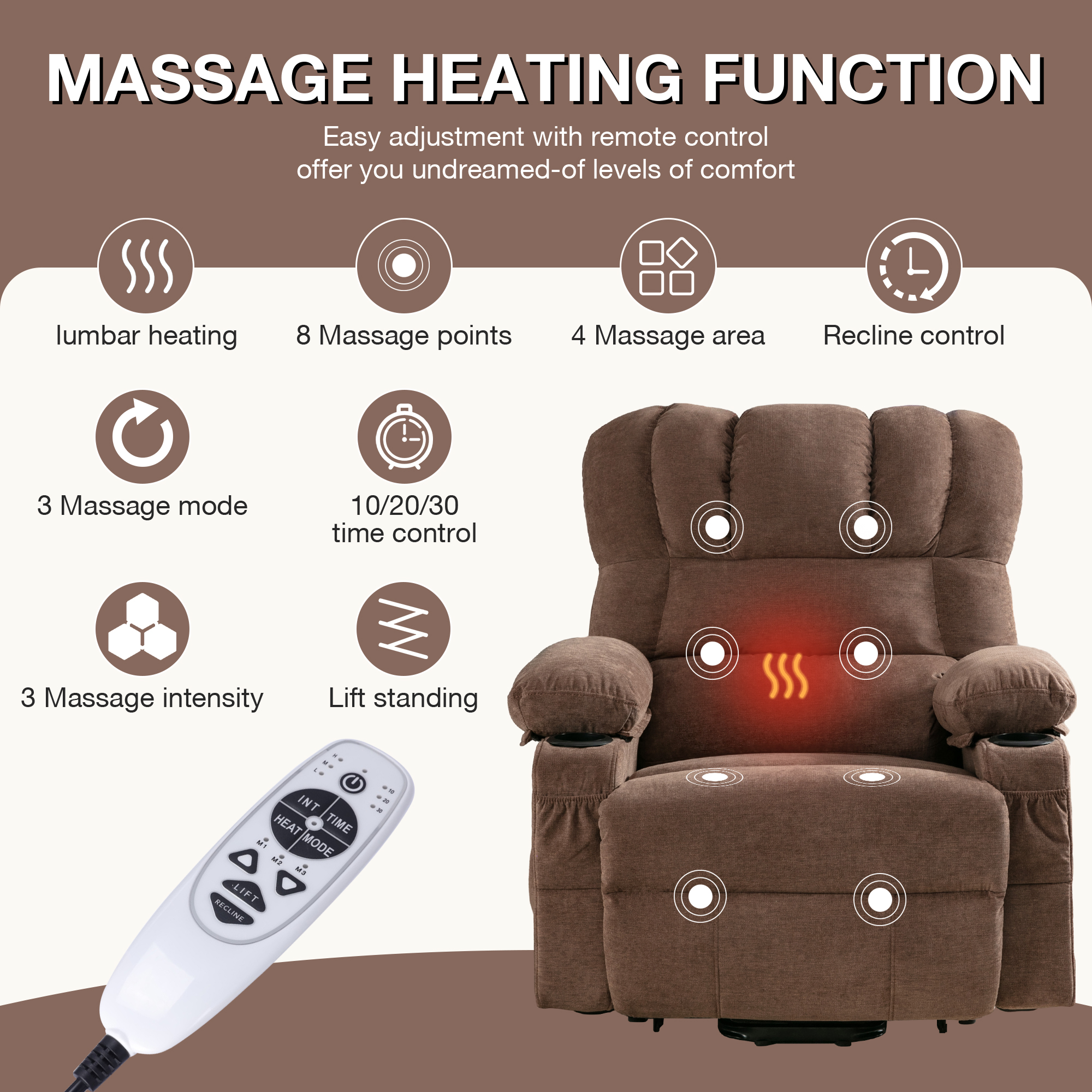UHOMEPRO Power Lift Recliner Chair for Elderly with Heat and Massage, Recliner Chair for Livingroom with Infinite Position and Side Pockets , USB Charge Port, Cup Holders Fabric, Brown