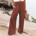 thumbnail image 2 of CAIVO Women Linen Pants Summer Solid Color Stretch Smocked High Waist Wide Leg Casual with Elastic Cuffs and Pockets Long Trousers, 2 of 4