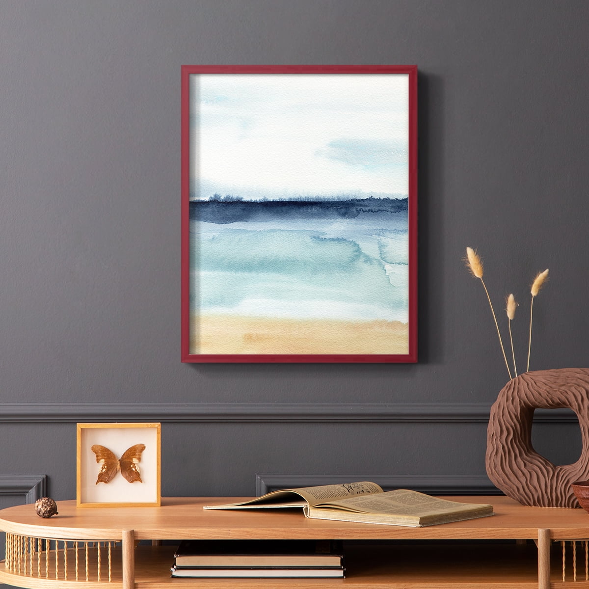 Watercolor Ocean Horizon I Framed Print in Red Solid Wood 11 x 14 Framed Print
