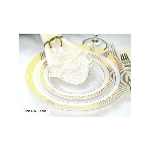 Princess Gold 7.5" White Plastic Salad Plates w/ Gold Stripes and Dots *Case of 100*