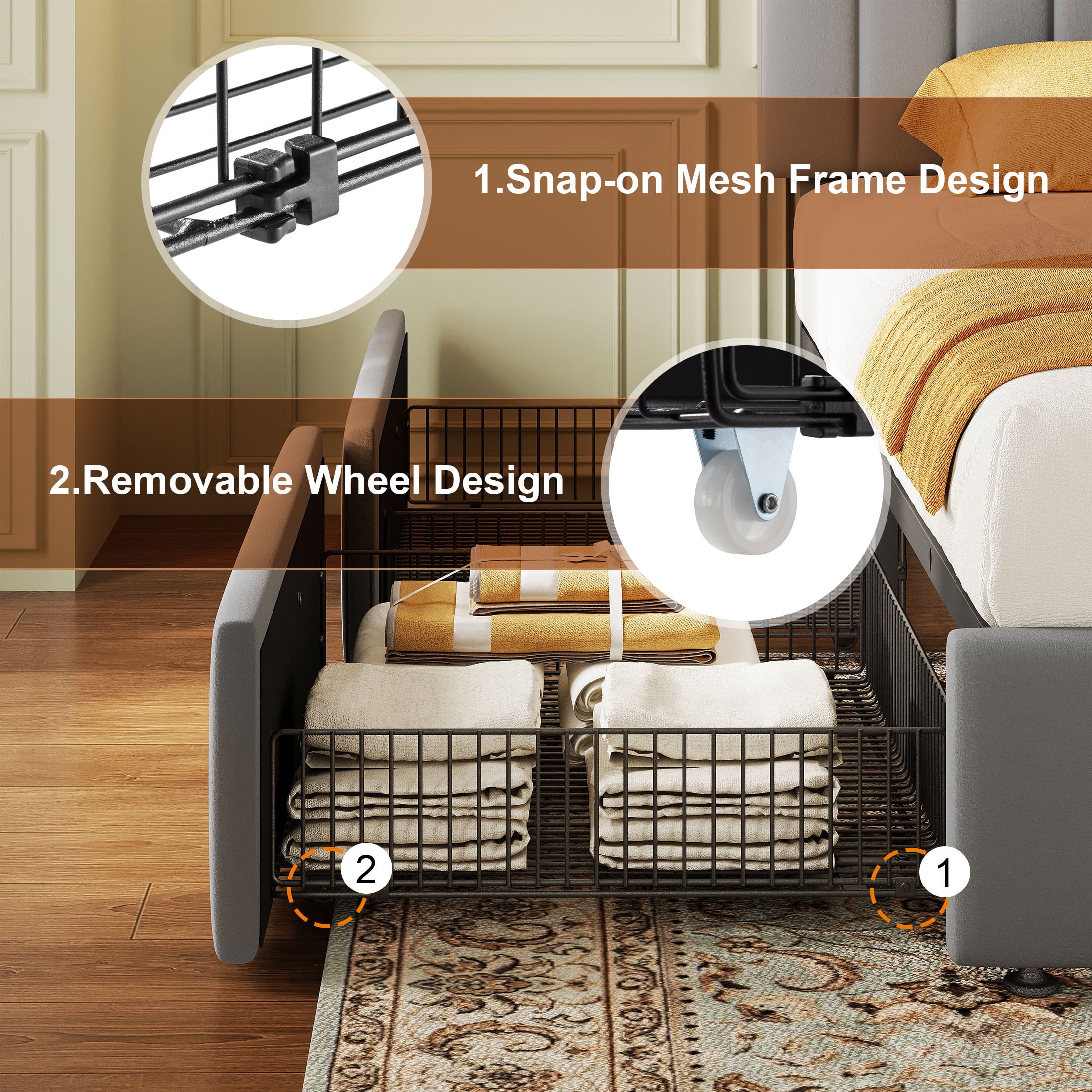 Amolife King Bed Frame with Adjustable Velvet-Wrapped Headboard and 4 Storage Drawers, No Box Spring Required, Gray