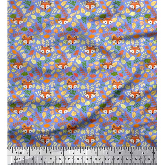 Soimoi Tissu Poly Georgette Feuilles & Fox Face Imprimé Dessin Animé 1 Yard 52 Pouces de Large