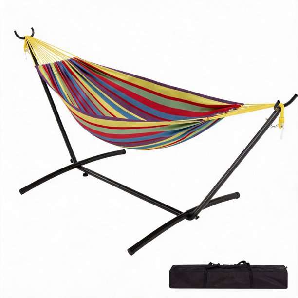 Hamaca Doble + Soporte de Acero – Hamaca XXL para 2 Personas (Capacidad 204 kg), Color Arcoíris Amarillo, con Estructura Plegable y Portátil – Ideal para Jardín, Terraza, Camping y Exterior