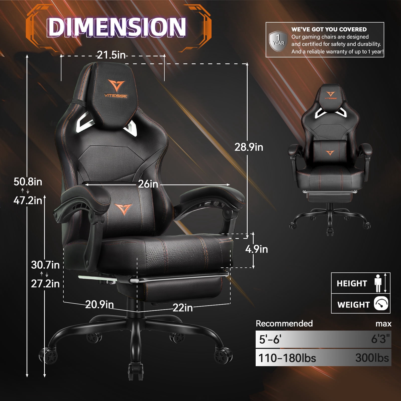 Waleaf Gaming Chair Ergonomic Office Chair with Footrest and Lumbar Support, Height Adjustable High Back Gamer Chair with Headrest for Adult