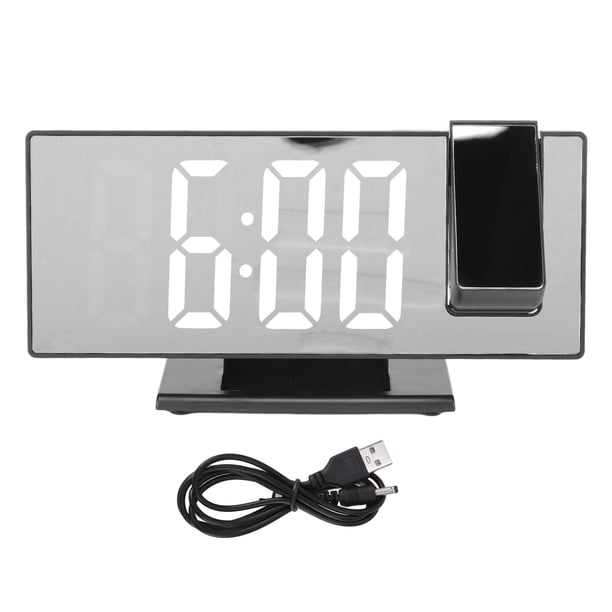 Reloj despertador digital con proyección, carga USB, atenuación automática, pantalla LED de espejo, reloj electrónico para dormitorio, carcasa negra, luz blanca.