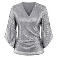 thumbnail image 4 of OSOLU Solid Color Women Sequin Tops 3/4 Sleeve Glitter Sparkly Party Blouse V-Neck Dressy Tops For Evening Part Shirts, 4 of 4