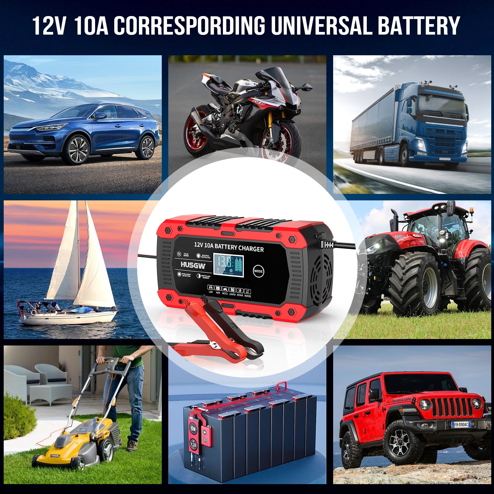HUSGW Battery Charger 10-Amp 12V Fully-Automatic Smart Car Battery Charger, Battery Maintainer Trickle Charger, Compatible with Lead-Acid & LiFePO4  Iron Batteries，AGM, STD, Gel, Deep Cycle Batteries