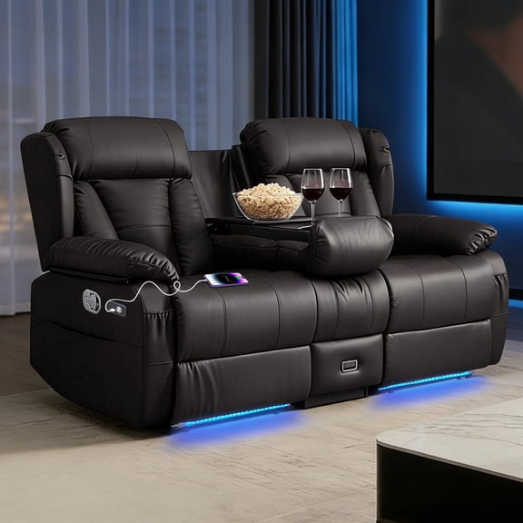 72.8" Manual Loveseat Recliner Sofa,Reclining Loveseat with Flip-Up Backrest Console,Home Theater Seating with LED Lights,USB,Outlets,Storage, Wall Hugger Recliner Couch for Living Room