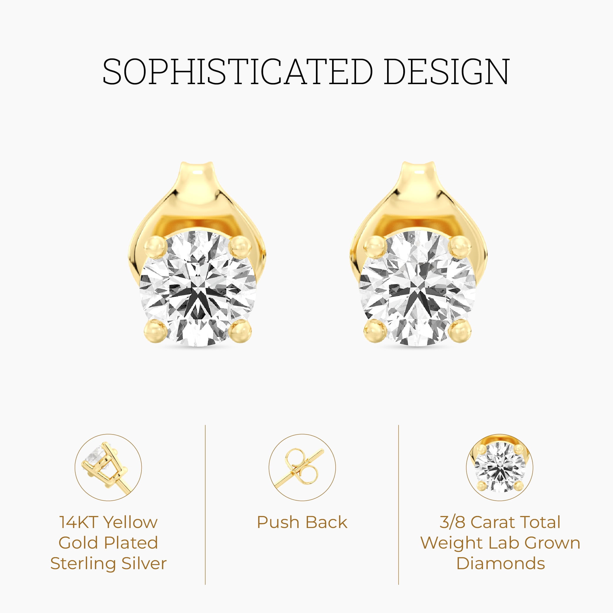 Gilded 3/8 Carat Total Weight Lab-Grown Diamond 14KT Gold Plated Silver Stud Earrings for Women| Hypoallergenic Fine Jewelry | 4-Prong Basket, Push Back Nut | SI1 Clarity, F Color, Round Cut