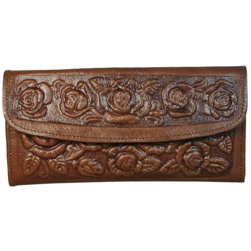 Womens Western Wallet Tooled Leather Clutch with Roses has Mirror