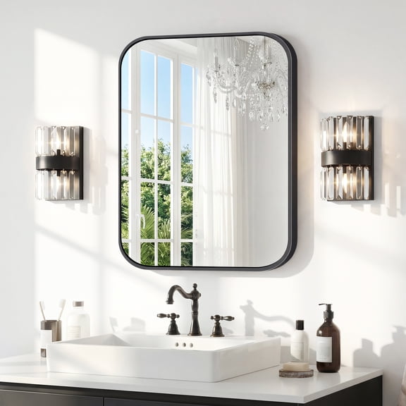 VONIGEE 18x24 Inch Black Bathroom Mirror, Metal Framed Rectangle Wall Mounted Mirror with Rounded Corners, Vanity Mirror for Over Sink, Modern Bedroom, Living Room, Entryway Decor