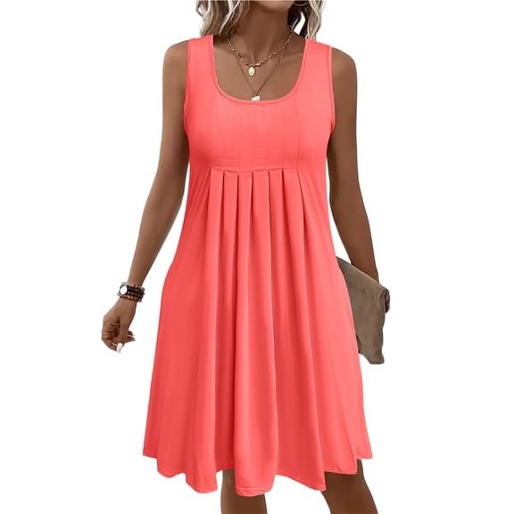 LWavelet Women's Plus Size Sleeveless Swing Dress Pleated Bodice Casual Loose Fit Midi Dress Watermelon Red XL