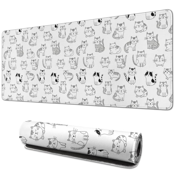 31.5x11.8 Inch Gaming Mouse Pad, Non-Slip Stitched Rubber Desk Mat for Desktop & Laptop,Cat Line Art White Pattern