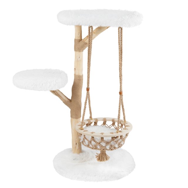 Costway 48.5" Solid Wood Cat Tree with Hanging Cradle Jute Scratching Post Perch Soft Plush
