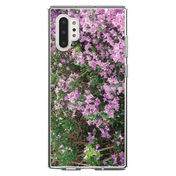 DistinctInk Clear Shockproof Hybrid Case for Galaxy Note 10 PLUS (6.8" Screen) - TPU Bumper, Acrylic Back, Tempered Glass Screen Protector - Purple Flowers Mykonos Greece