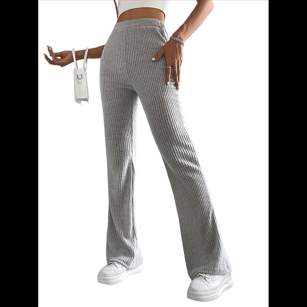 Pantalones Anchos de Pierna para Mujer, de Cintura Alta, para Estar en Casa, con Cintura Elástica, para Otoño e Invierno, Informales, de Punto Gris XL
