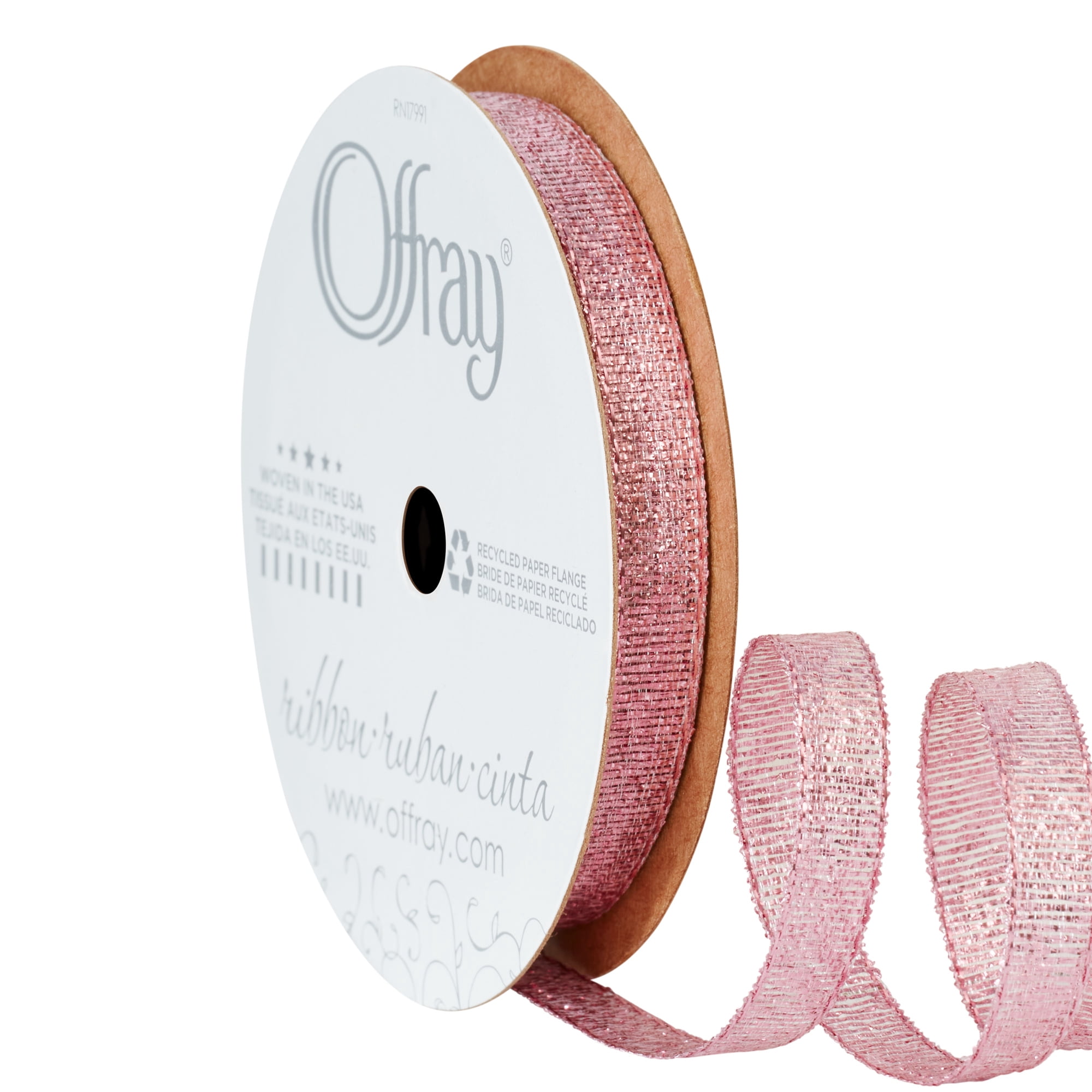 Offray Ribbon, Light Pink 3/8 inch Galena Metallic Ribbon for Wedding, Crafts, and Gifting, 9 feet, 1 Each