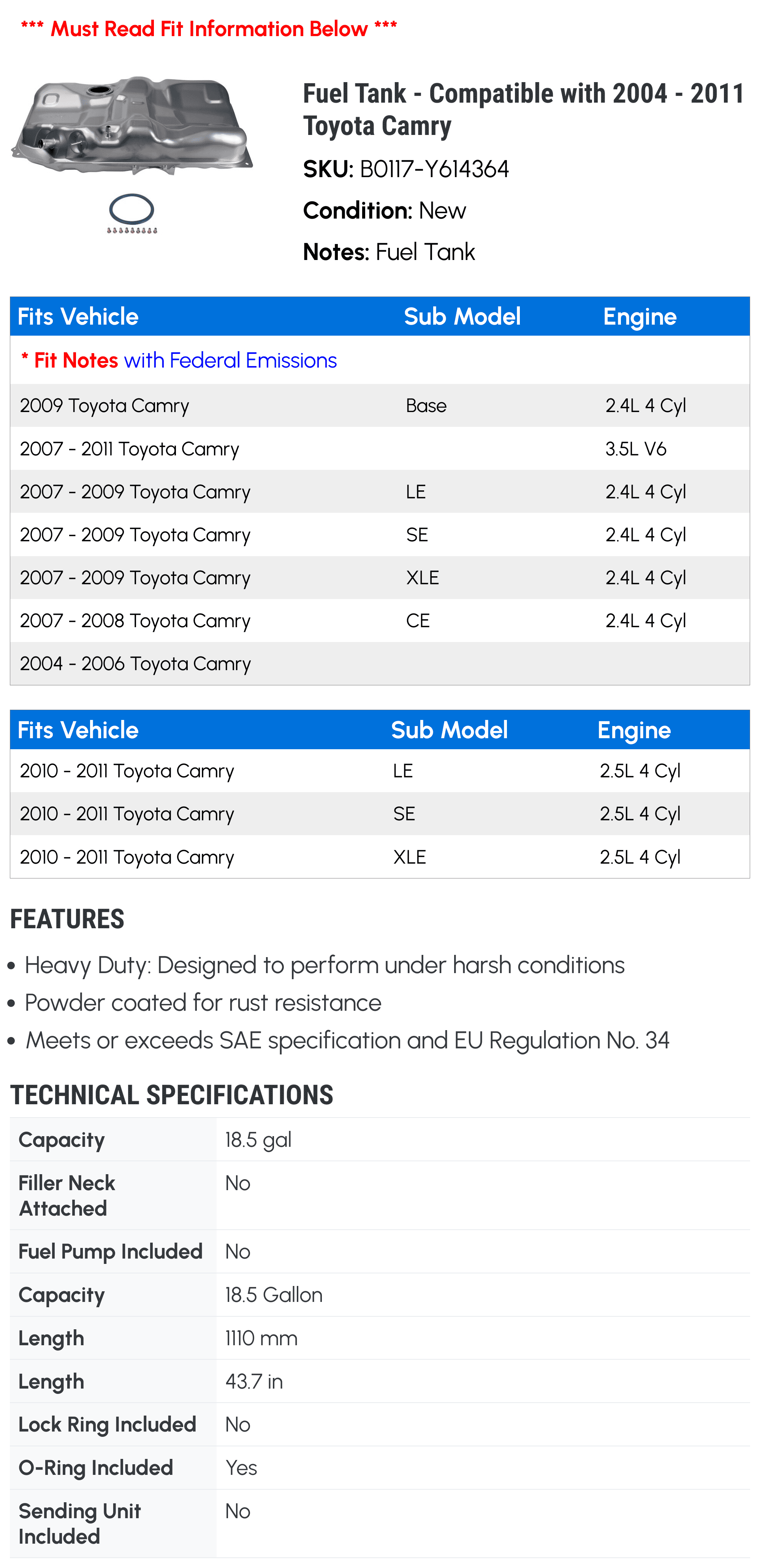 Fuel Tank - Compatible with 2004 - 2011 Toyota Camry 2005 2006 2007 2008 2009 2010
