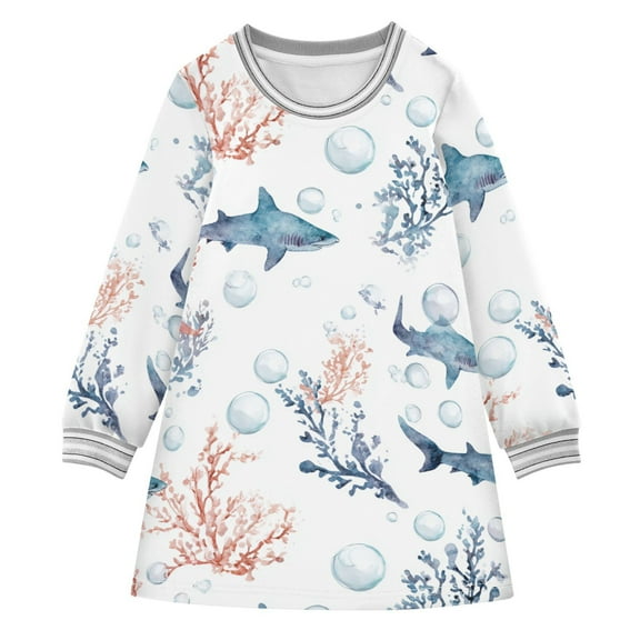 Girls' long-sleeved dress Shark Girls' A-line dress with ribbed cuffs Soft and comfortable