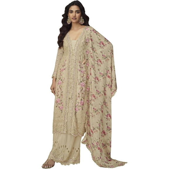 Reception Wear Indian Pakistani Designer Stitched Shalwar Kameez Palazzo Suits for Women ( Beige, XL - 44 )