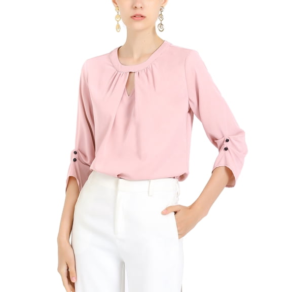 CURVOSPORT Women's Dressy Shirt Work Office Top Keyhole Pleated Front Ruched 3/4 Sleeve Chiffon Blouse S Pink