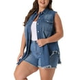 thumbnail image 3 of Agnes Orinda Women's Plus Size Button Up Frayed Hem Shacket Sleeveless Pockets Denim Jean Jacket Vest, 3 of 5