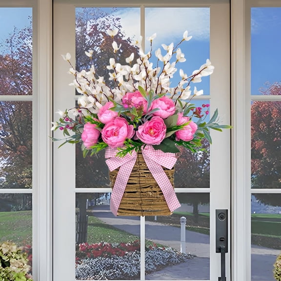 WMTOKK Spring Summer Fake Peony Basket Wreath – Door & Wall Hanging, Fake Flowers, Realistic Seasonal Floral Decor for Home, Front Porch & Entryway. Pink