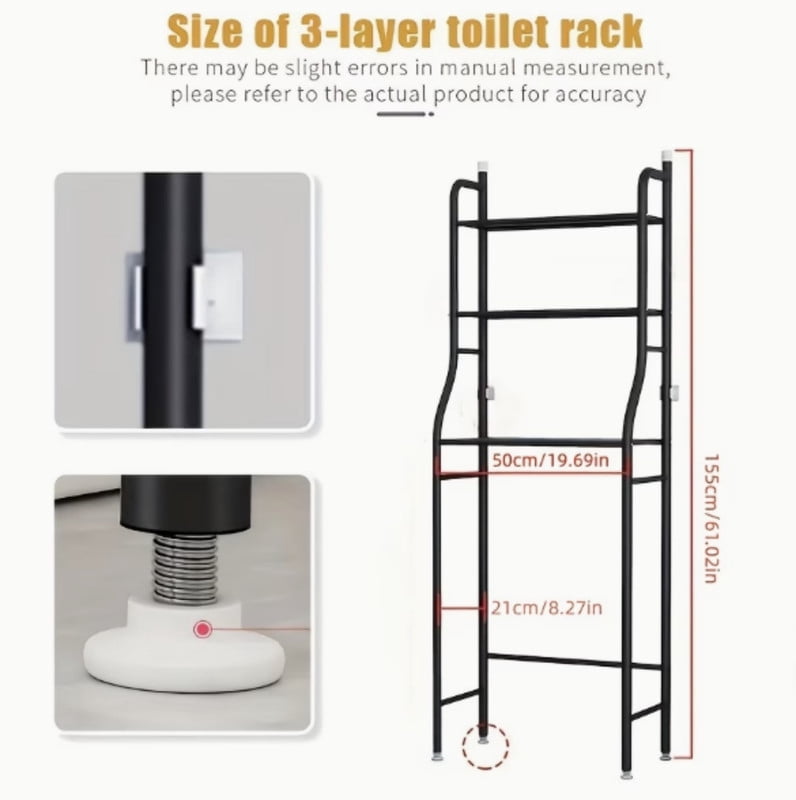 3-Tier Over the Toilet Storage Shelf with Adjustable Foot Pads, Anti-Tilt Metal Bathroom Organizer with Paper Holder & 4 Hooks, No Drill Space Saving Toilet Rack