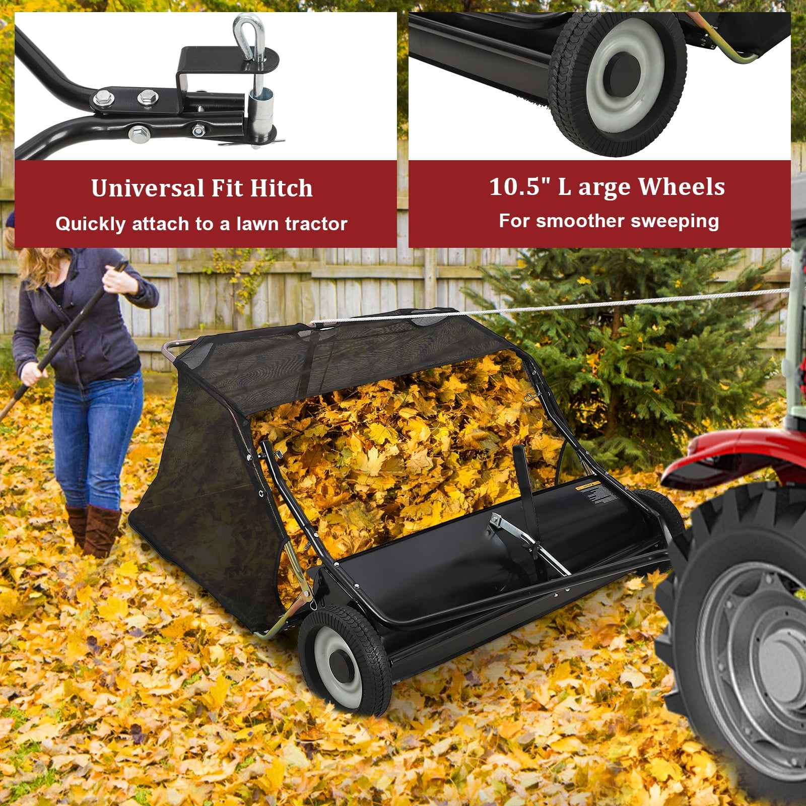 42" Pull Behind Lawn Sweeper, Large Capacity Grass Collector with Adjustable Sweeping Height and Dumping Rope Design for Picking Up Grass and Debris