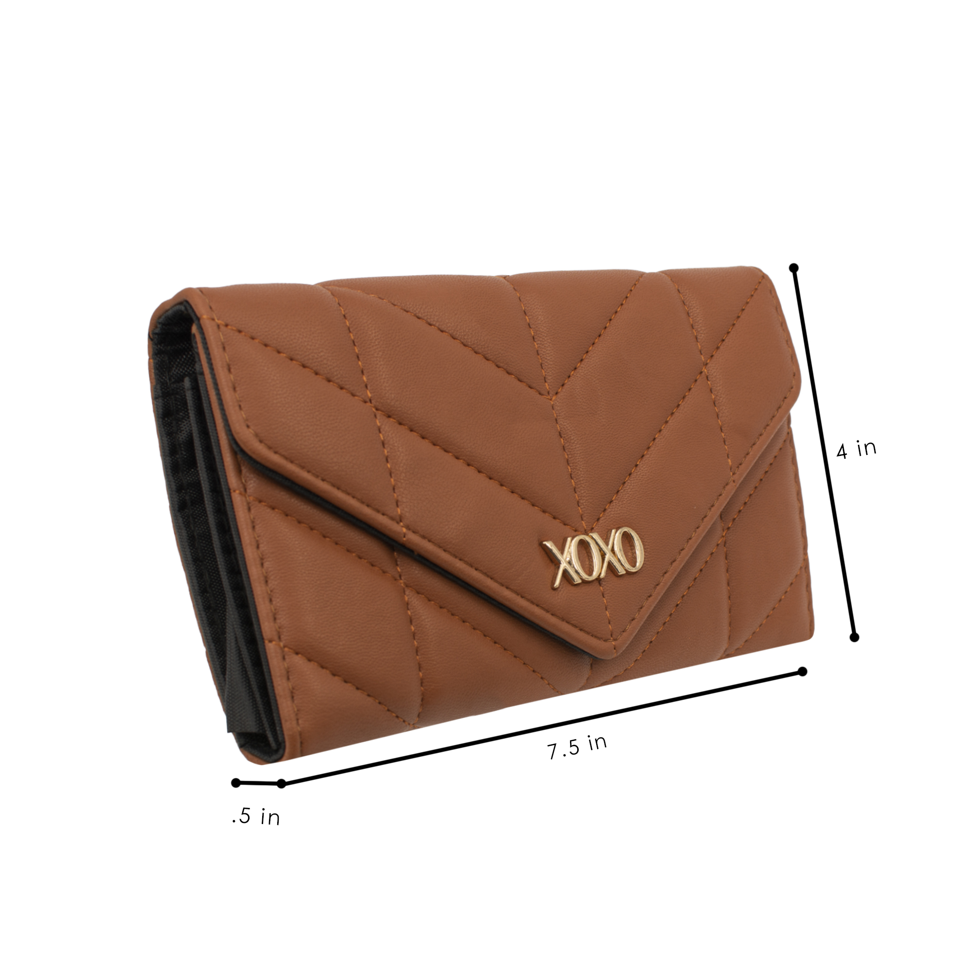 XOXO Women’s Small Cognac Vegan Leather Quilted Fold Wallet withCrossbody Strap