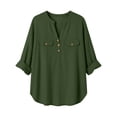 thumbnail image 4 of FAVIPT Women's Long Sleeve Cotton Tops Rolled Up Gauze Casual Shirts Curved Hem Henley V Neck Tees with Chest Pocket Army Green,M, 4 of 7