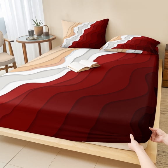 Full Size Fitted Sheet Set - Red Coastal Beach 3 Piece Bedding Sets 16" Deep Pocket Fitted Sheet with 2 Pillowcases Farmhouse Abstract Ocean Waves Striped Brushed Microfiber Hotel Luxury Bed Sheets