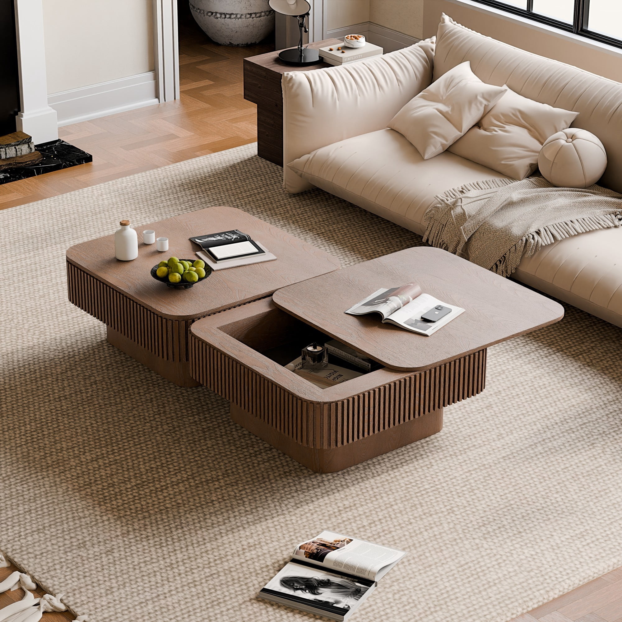 31.5" Square Coffee Table with Storage, Modern Fluted Coffee Table with Hidden Compartment, Wood Veneer Center Table for Living Room, Walnut