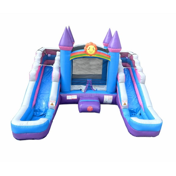 Pogo Bounce House Crossover Double Water Slide Bouncy Castle Combo Pink 16.5 ft L x 15 ft W x 11 ft H