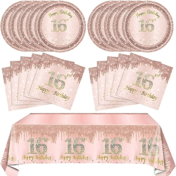 LAMIRO 16th Birthday Decorations for Girls Rose Gold Sweet 16 Birthday Party Decoration for Her 16th Happy Birthday Plates and Napkins Tablecloth Decoration for Girls